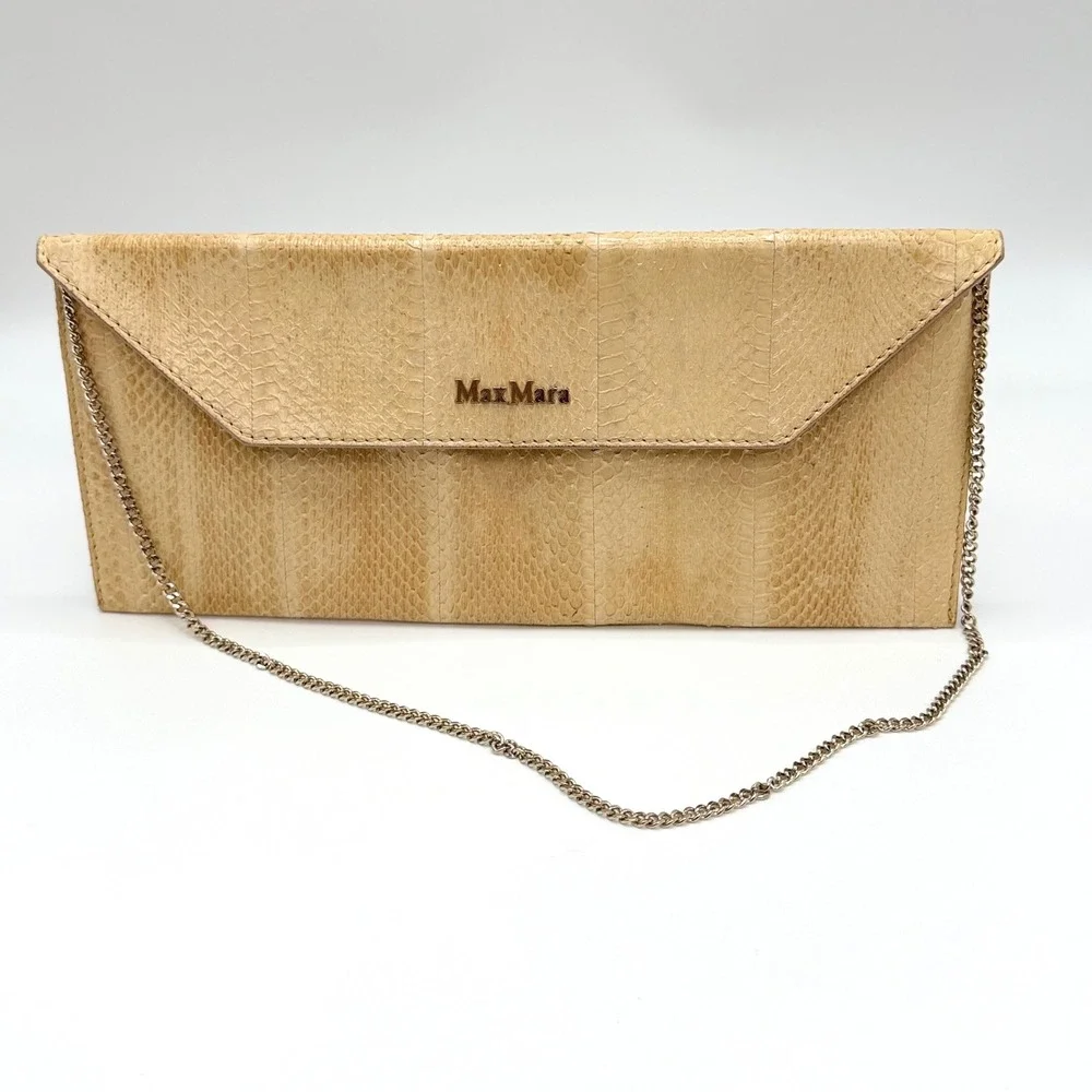Max Mara Beige Leather Python Print Clutch Bag Chain Strap Luxury Envelope Purse